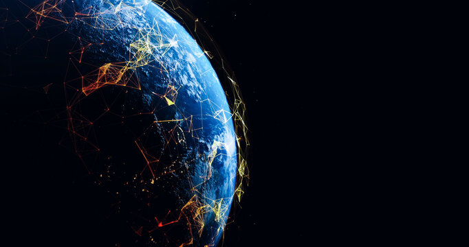 Communication technology for internet business. Global world network and telecommunication on earth cryptocurrency and blockchain and IoT. On a black background