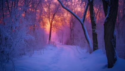 Enchanting Anime Winter Wonderland: Dreamy Snowy Landscape with Magical Frosted Trees and Softly Glowing Crystal Forest. Vibrant Blue Sky and Exquisite Digital Art for Book Illustrations and Creative 