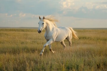 Majestic white horse galloping gracefully across the vast summer steppe landscape