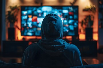 Hooded Silhouette Sitting in Front of Digital Screen in Dark Room   Mysterious Faceless Figure