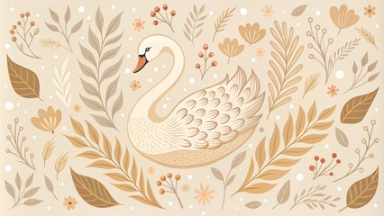 Fototapeta premium Delicate, hand-drawn swan silhouette in minimalist style, surrounded by intricate, repeating patterns of leaves and flowers in soft, muted colors on a creamy background.