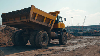Obraz premium Large Dump Truck at a Construction Site with Building Framework