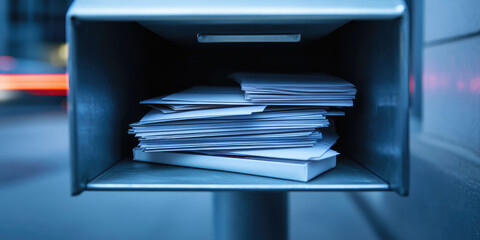 An open street mailbox with a stack of letters inside. Mail, weekly subscription