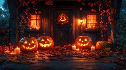 Wooden house porch decorated for Halloween with carved pumpkins, glowing candles, and a vibrant carpet of autumn leaves, setting a festive and cozy fall scene.