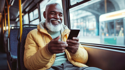 Happy man using a smartphone while riding a bus in a winter city