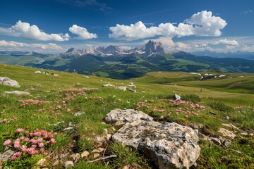 Obraz premium Unterwegs in den Dolomiten-Grödnertal. Beautiful simple AI generated image in 4K, unique.