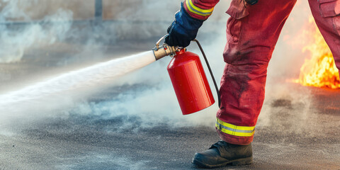Fireman using fire extinguisher fighting fire