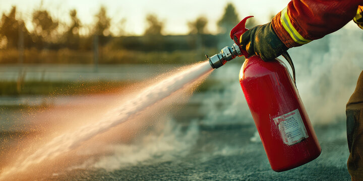 Fireman using fire extinguisher fighting fire
