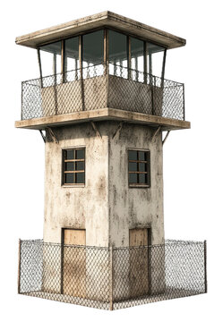 Old watchtower near a fenced perimeter, cut out - stock png.