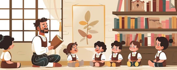 Columbus Day storytelling, elder narrating to children, flat design illustration