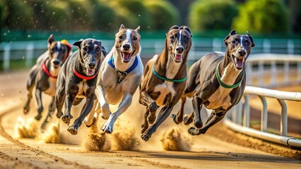 Fast-paced action shot of sleek greyhounds sprinting around a curve on a racetrack, their powerful legs a blur as they chase the finish line.