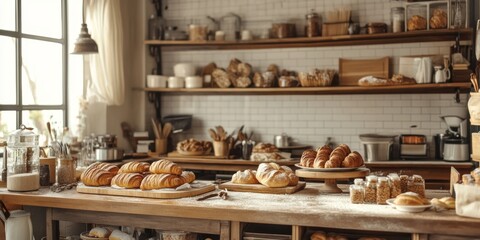 Cozy bakery kitchen scene exuding the delightful aroma of freshly baked goods, featuring a variety of delicious treats and essential baking tools in a welcoming environment.