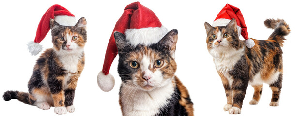 Obraz premium Collection of Three-Coloured Adorable Calico Cats Wearing Santa Hats for Christmas, Isolated on Transparent Background