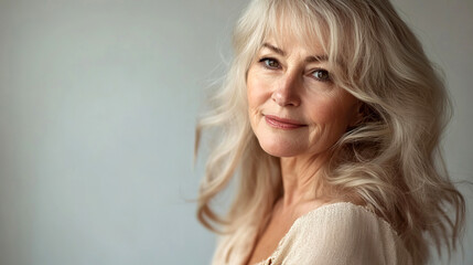 Naklejka premium Portrait of elegant elderly woman with long wavy blonde hair, smiling gently. Soft lighting and neutral background. Concept of aging gracefully and skincare