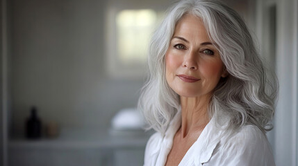 A mature woman with gray hair smiling warmly, softly lit background. Concept of aging gracefully, confidence and skincare