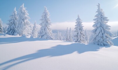 Fototapeta premium Enchanting Anime-Style Winter Wonderland: Serene Snowy Landscape with Ethereal Atmosphere and Magical Ambiance. Vibrant Blue Sky and Exquisite Digital Art for Book Illustrations and Creative Marketing