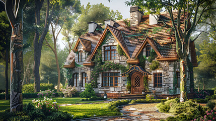 Fototapeta premium modern residential building with lighting and swimming pool in garden in the evening, retreat residential cottage building