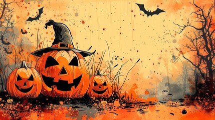 Three carved pumpkins with a witch hat sit in a spooky landscape, surrounded by bats, during a Halloween night, copy space for text, card invitation, banner poster