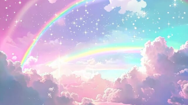 Sky full of stars pink clouds and a rainbow in the background with pastel color. - Powered by Adobe