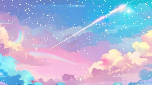Sky full of stars pink clouds and a rainbow in the background with pastel color.