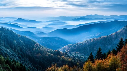 Fototapeta premium Mountain range with a misty blue sky above and a dense green forest in the foreground.