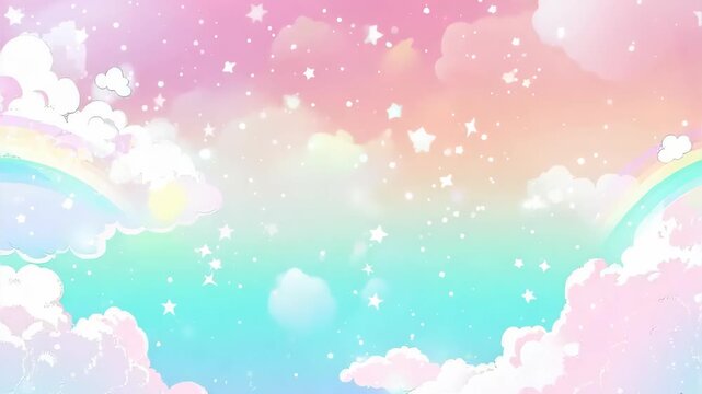 Sky full of stars pink clouds and a rainbow in the background with pastel color.