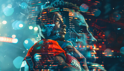Sports betting. Multiple exposure with football player, money, website page and emotional man