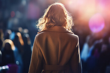 A woman with curly hair wearing a brown coat walks through a sunlit street, with a soft focus background of people and bright light.