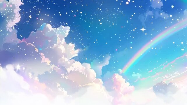 Sky full of stars pink clouds and a rainbow in the background with pastel color.