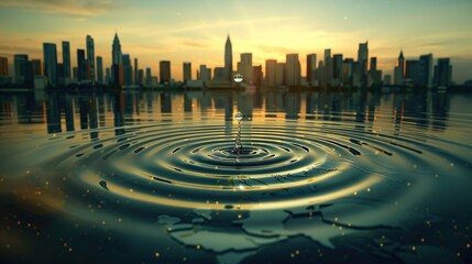 EU Impact Echoes: A Hyper-Realistic Global Ripple Effect Over World Map with Cultural Icons and Skyscrapers, Night Sky Transition Reflecting Interconnectedness and Cultural Diversity