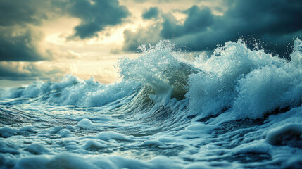 Fototapeta premium Dramatic ocean waves crash against the shore under a moody sky, capturing the power and beauty of nature in this stunning seascape photo.