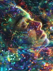 Cosmic Dreamscape: Surreal Portrait of Woman with Universe Imagery, vertical