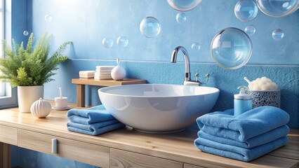 Freshly washed towels and soap bubbles surround a serene blue sink, conveying a sense of cleanliness and tranquility in a modern bathroom setting.