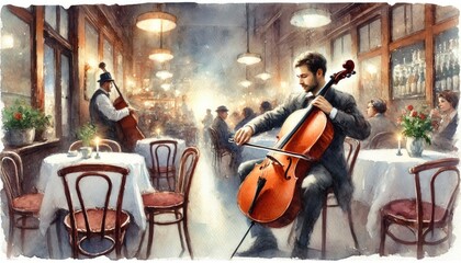 Fototapeta premium A watercolor painting of a man playing a cello in an evening cafe. The scene is created with soft, less bright colors, capturing the tranquil atmosphe