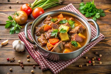 A large pot of stew with meat and vegetables, including carrots and tomatoes