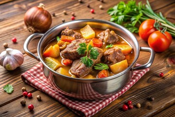 A large pot of stew with meat and vegetables, including carrots and tomatoes