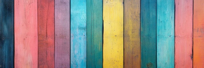 Naklejka premium Colorful Wooden Plank Background Texture - A vibrant and playful backdrop showcasing a series of wooden planks painted in a rainbow of colors. The image represents creativity, diversity, and the beau