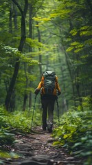 Hiker Navigates Serene Forest Trail with Backpack and Trekking Poles for Outdoor Adventure