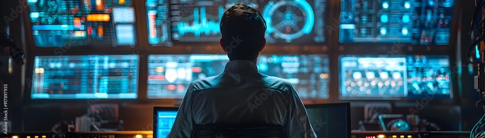 Poster engineer in futuristic control room with multiple high tech displays and interfaces