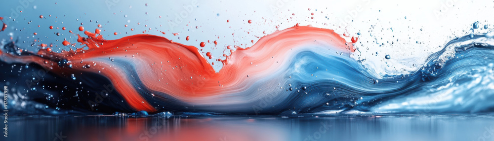 Wall mural vibrant red and blue paint splashing and swirling in water, creating a dynamic and mesmerizing abstr
