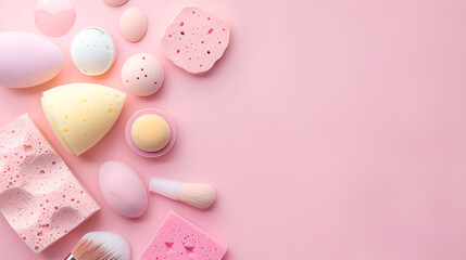 Fototapeta premium Natural body care. Spa therapy products. Flat lay with bath salt, handmade soap, cosmetic bottles, beauty products