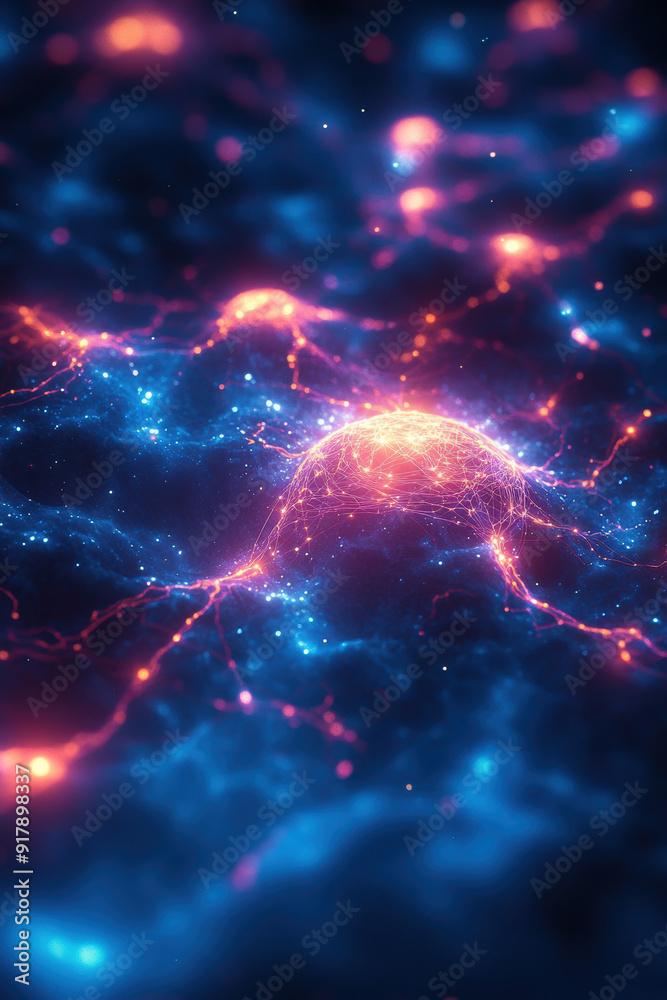 Wall mural abstract neon lights and glowing particles resembling a neural network, evoking futuristic and techn