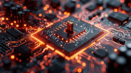Closeup of a Computer Chip With Glowing Circuitry