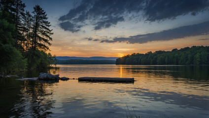 Sunrise over the lake, Early dawn over a forest lake. Lake at dawn. Beautiful sunrise over the lake. Lake water at dawn