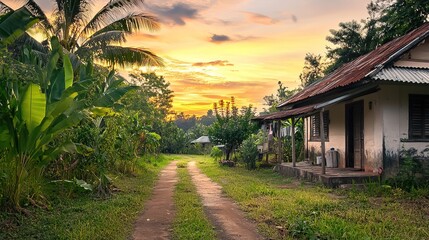 Serene Jogging Track Through an Old Malaysian Village: Tranquil Sunrise with Malay Village House, Coconut and Banana Trees, and Water Puddles