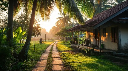 Obraz premium Serene Jogging Track Through an Old Malaysian Village: Tranquil Sunrise with Malay Village House, Coconut and Banana Trees, and Water Puddles