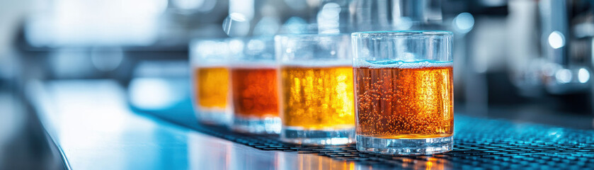 Four clear glasses of amber beer aligned on a blue countertop in a bar setting, showcasing a refreshing beverage ready for enjoyment.