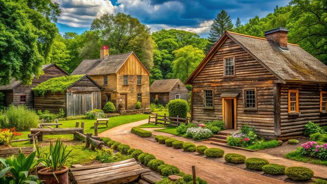 Historic colonial village scene featuring rustic wooden buildings, lush greenery, and vintage artifacts, evoking a sense of 17th-century American pioneer settlement and simplicity.