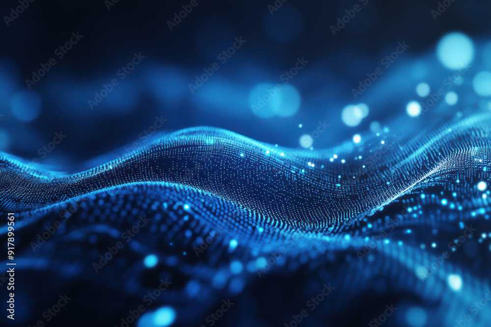 Wall mural a mesmerizing digital abstract background, featuring glowing blue particles and wavy lines creating 