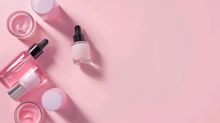 Minimal flat lay with pink beauty products bottles bag on neutral background. Summer cosmetic still life concept for womens traveling, skin or body care treatment for trip., Cosmetic travel kit